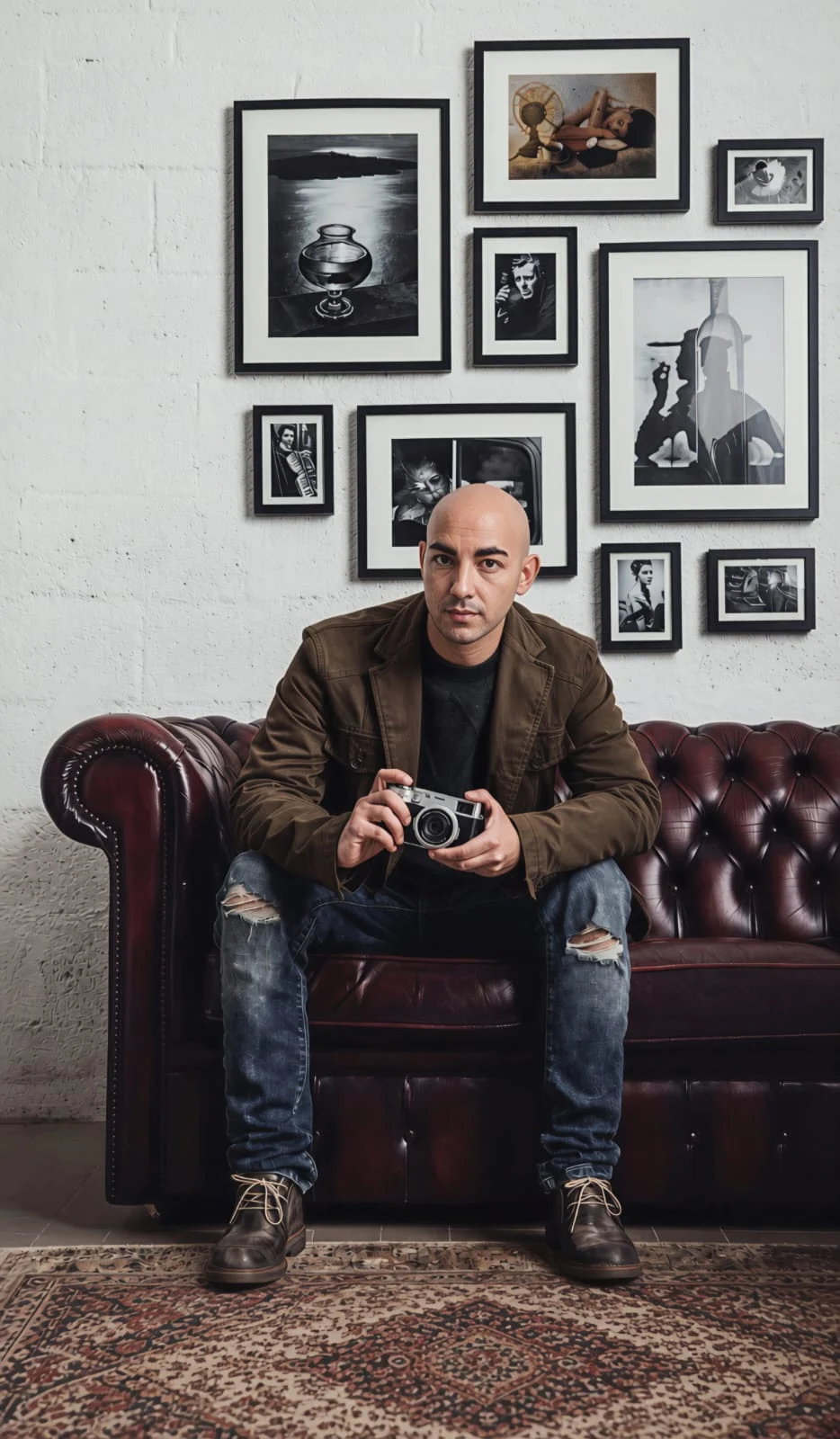 Fabrizio Scopece seduto nel suo studio, con una macchina fotografica tra le mani
