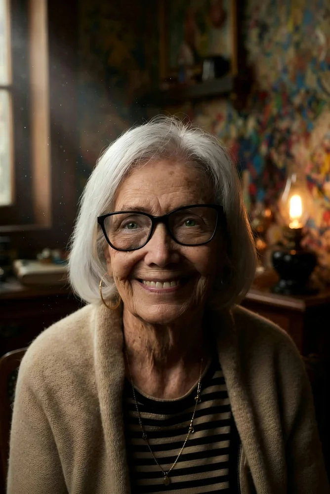 Ritratto di una donna anziana sorridente, illuminata dalla luce di una finestra
